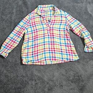 MULTIPLES Woven Plaid Button Bodice Shirt Linen Blend Roll Up Sleeve Size M